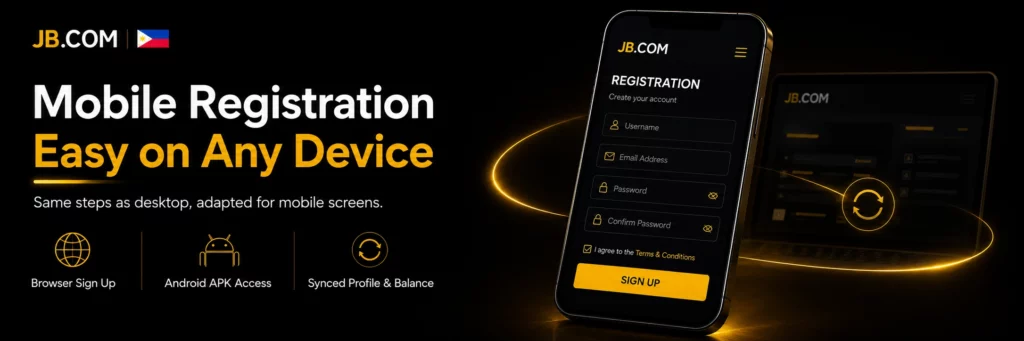 JB.COM mobile registration on Android and browser